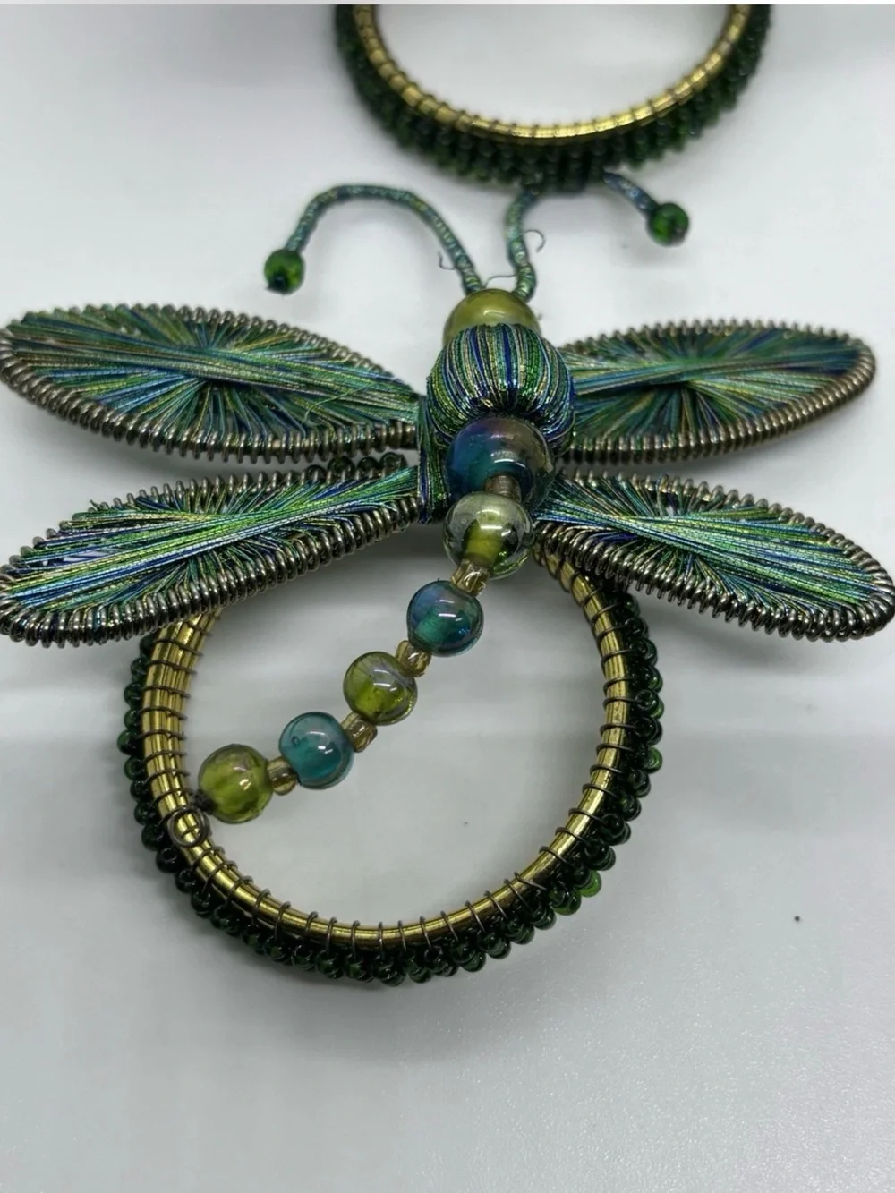 Pier 1 Set of 4 Beaded Dragonfly Napkin Rings Blue Green Wire Art Table Decor